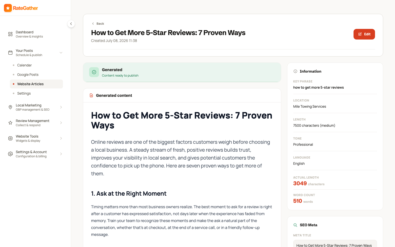 AI-generated, SEO-optimized local blog article in RateGather