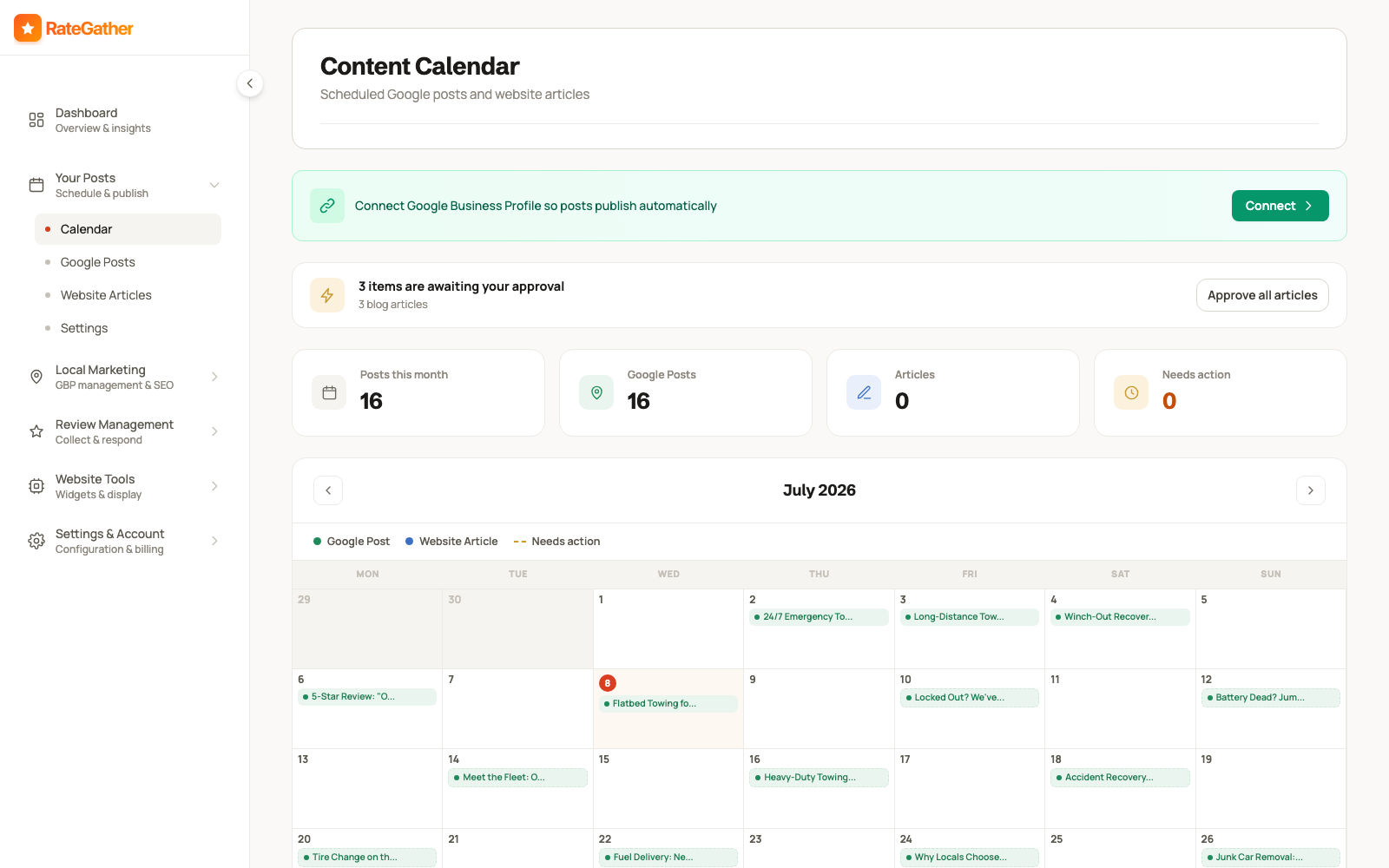 RateGather content calendar showing scheduled Google Business Profile posts and website articles