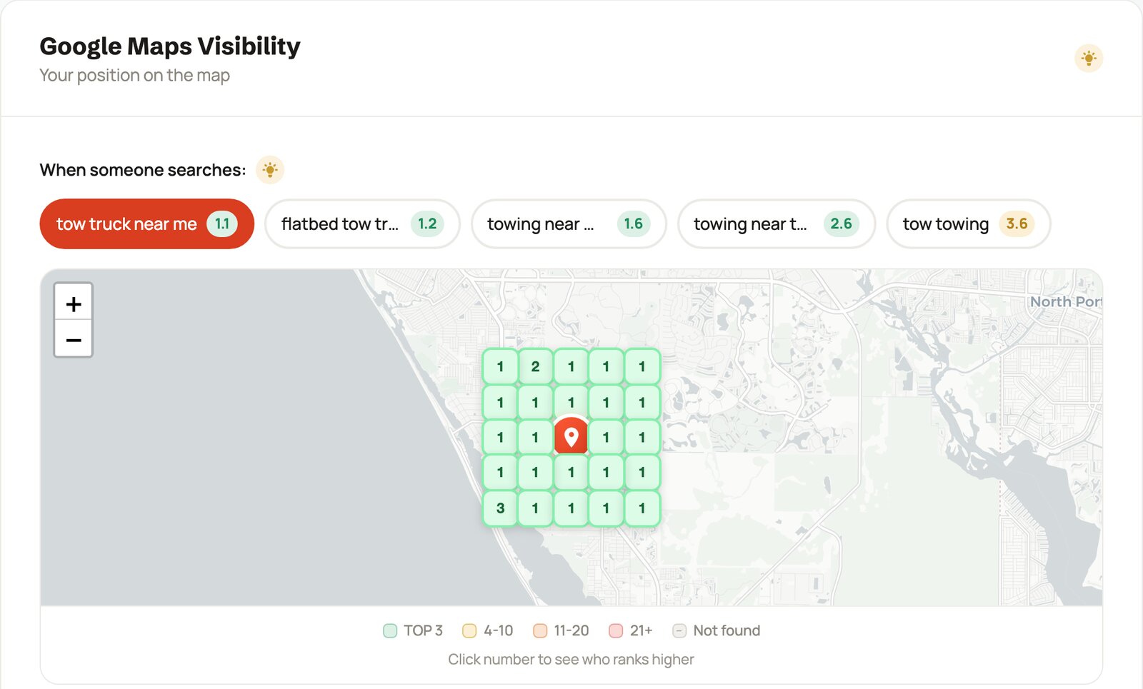 Google Maps rank-tracking grid in RateGather showing ranking position across a service area