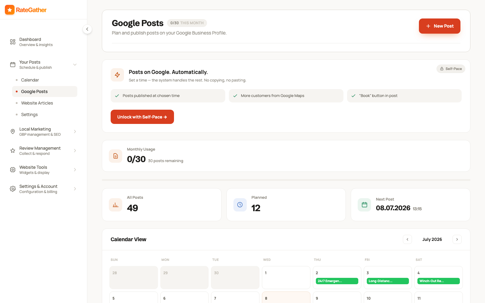 RateGather's Google Posts screen showing monthly post usage, planned posts, and a calendar of scheduled Google Business Profile posts