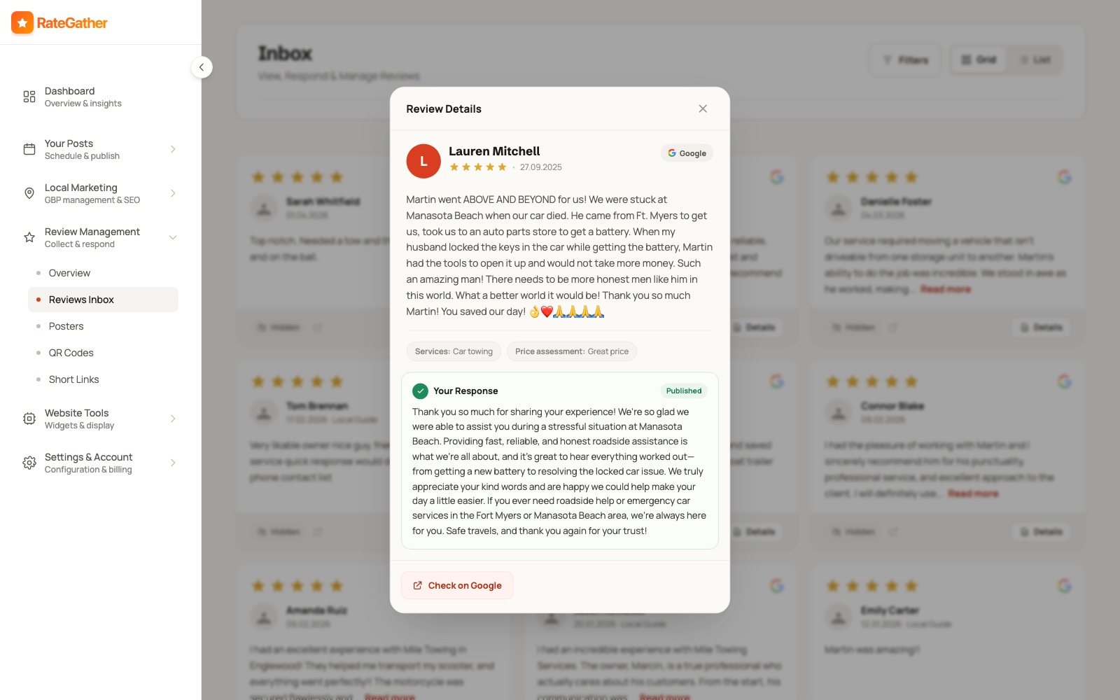 AI-drafted reply to a Google review in the RateGather reviews inbox