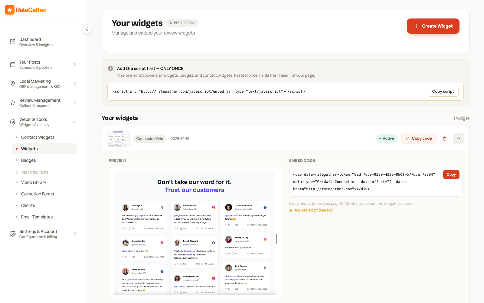 RateGather widget manager showing a live, embeddable Google reviews widget for a website