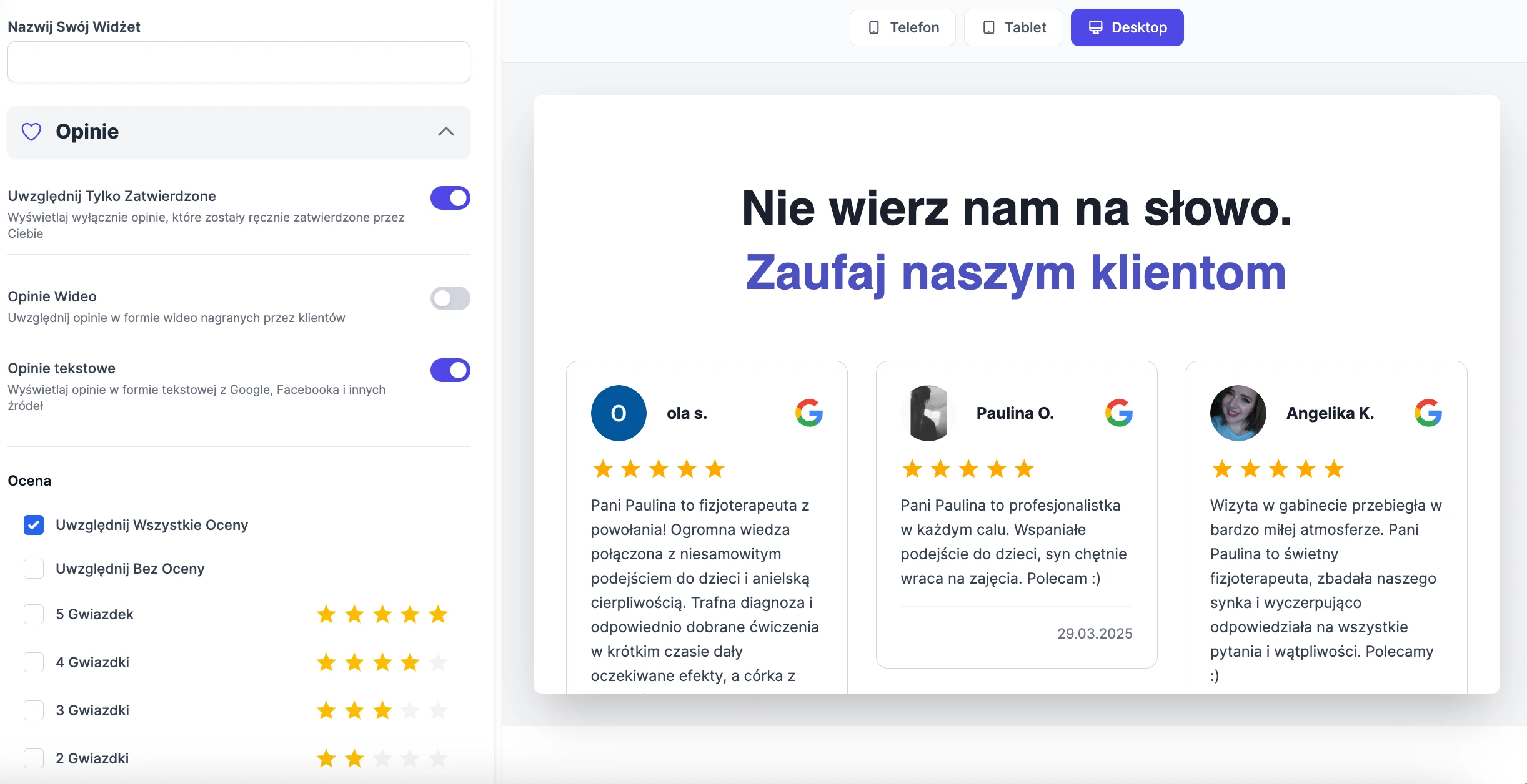 Review widgets on website